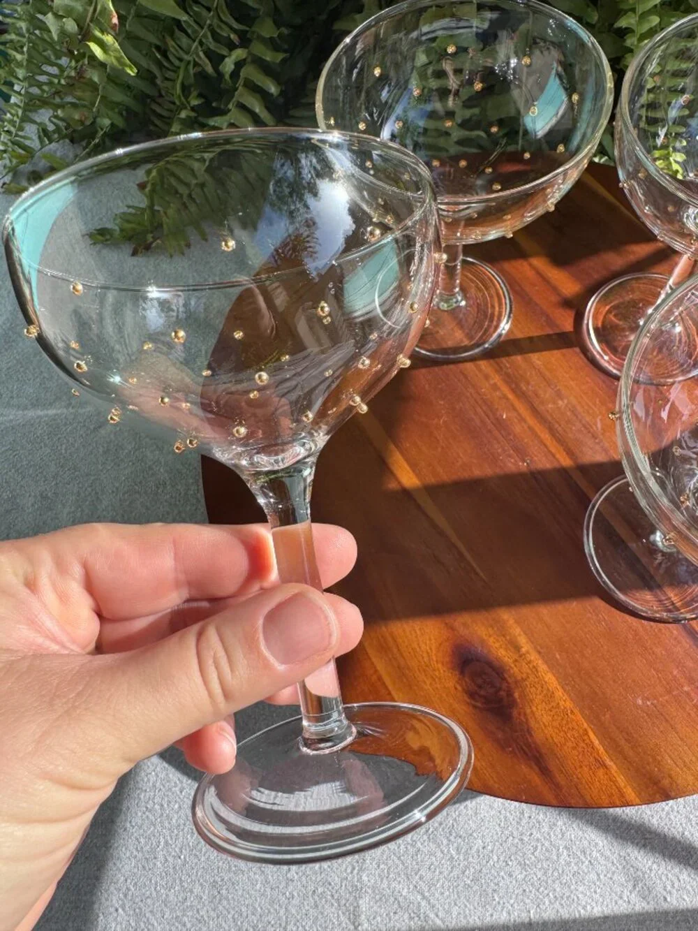 Set of 4 Pottery Barn Champagne Coupe Glasses with Gold Polka Dot